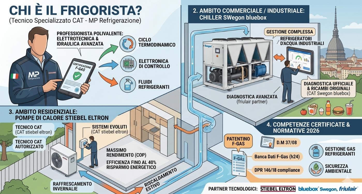 Infografica diagrammatica che spiega chi è il frigorista e le sue competenze specializzate nel 2026. L'immagine mostra un tecnico certificato F-Gas di MP Refrigerazione a Torino, divisa tra l'ambito industriale (manutenzione chiller Swegon BlueBox e Friulair) e residenziale (installazione pompe di calore Stiebel Eltron). Include i requisiti normativi obbligatori come il Patentino F-Gas, il D.M. 37/08 e la conformità al DPR 146/18.