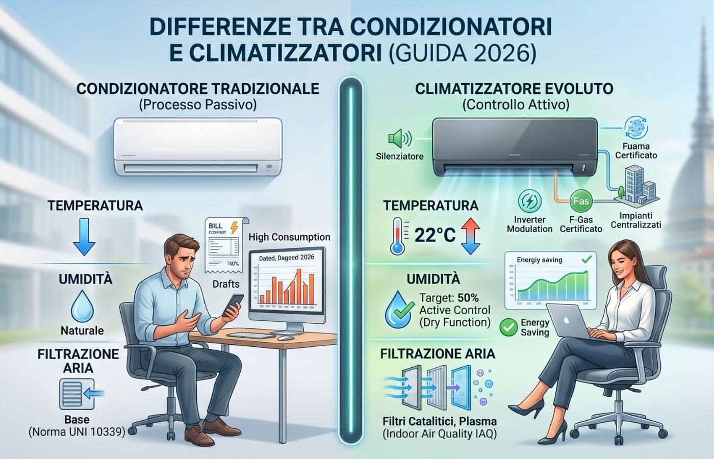 Infografica comparativa sulle differenze tra condizionatore tradizionale (processo passivo) e climatizzatore evoluto (controllo attivo), con focus su umidità, filtrazione dell'aria IAQ e tecnologia inverter, sullo sfondo di Torino e della Mole Antonelliana.