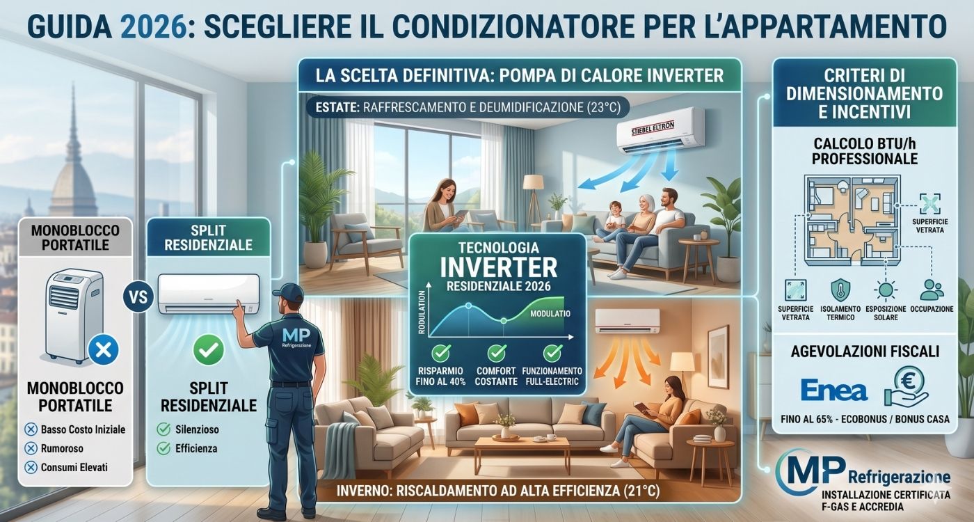 Infografica comparativa per la scelta del condizionatore da appartamento, che mostra la differenza tra portatile e split, e i vantaggi della pompa di calore inverter per estate e inverno, con planimetria per calcolo BTU professionale e incentivi fiscali Enea a Torino.