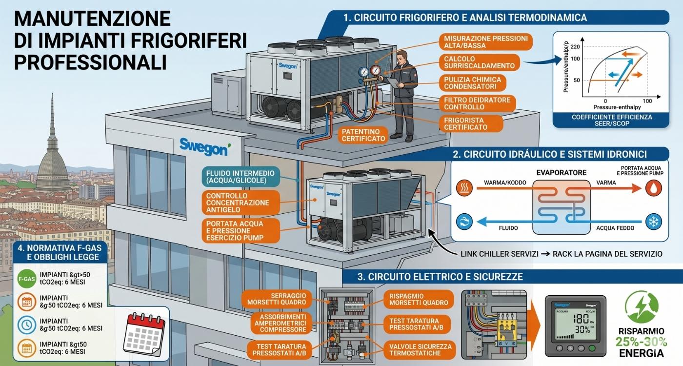 Infografica diagrammatica sulla manutenzione di impianti frigoriferi professionali nel 2026. Lo schema illustra le quattro aree principali di controllo: analisi termodinamica del circuito frigorifero con frigorista certificato, gestione dei sistemi idronici Swegon, ispezione dei quadri elettrici di sicurezza e riassunto delle scadenze e obblighi di legge del Regolamento F-Gas (DPR 146/18).
