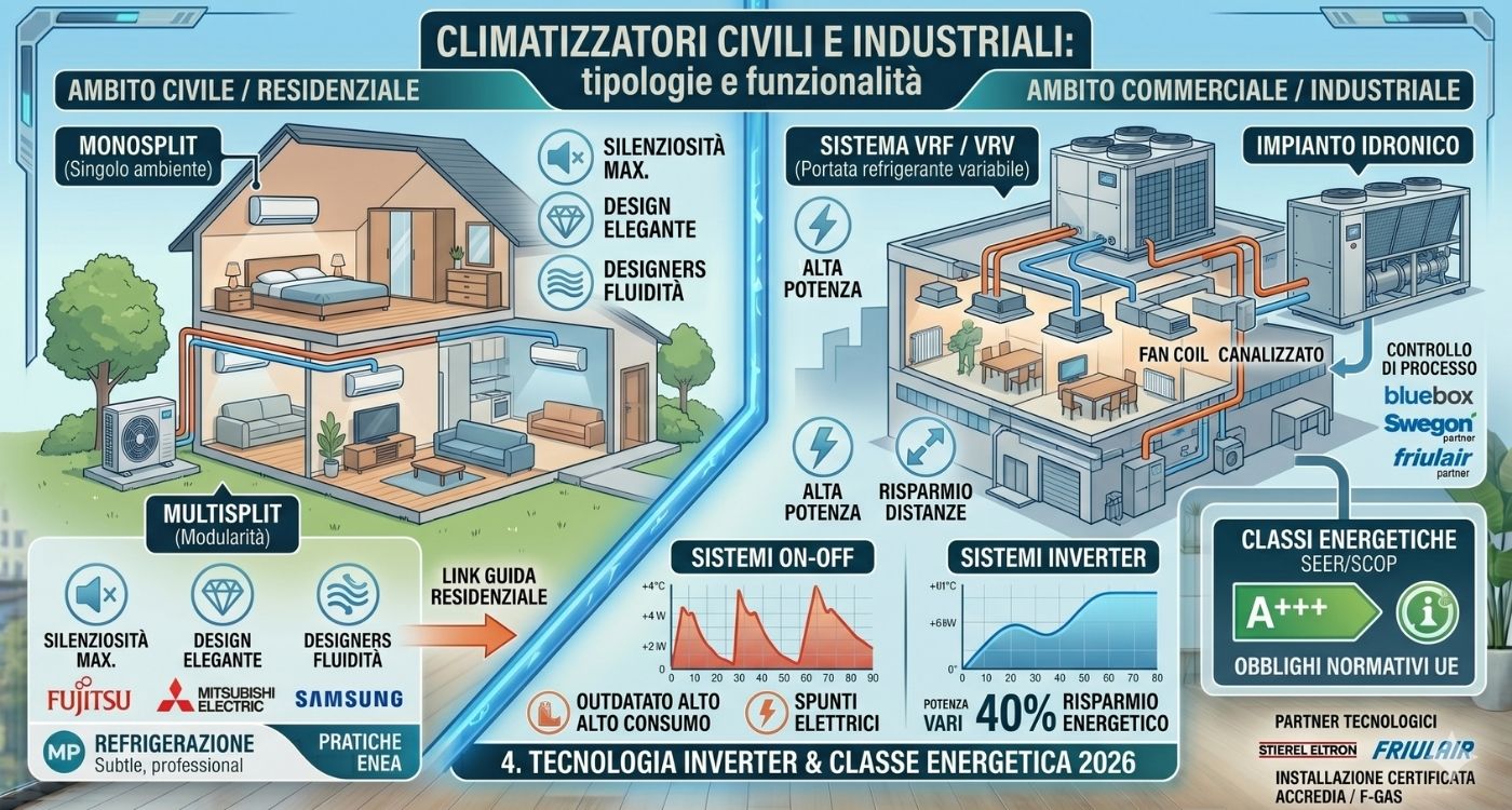 Un'infografica tecnica comparativa che illustra a sinistra l'ambito civile/residenziale con sistemi monosplit e multisplit Fujitsu, Mitsubishi Electric e Samsung per comfort modulare. A destra è mostrato l'ambito commerciale/industriale con sistemi centralizzati VRF, idronici Swegon e Friulair per alta potenza e controllo di processo. La sezione inferiore confronta i consumi obsoleti dei sistemi On-Off con l'efficienza dei sistemi Inverter e le nuove classi energetiche UE 2026. Lo stile è diagrammatico, professionale e pulito.