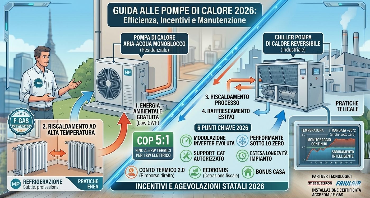 Un'infografica tecnica e diagrammatica del 2026 per la guida completa sulle pompe di calore. L'immagine mostra a sinistra un tecnico MP Refrigerazione che illustra una pompa di calore aria-acqua monoblocco residenziale collegata a radiatori in ghisa ad alta temperatura, con diagrammi per efficienza e COP (5:1). A destra è mostrato un grande chiller reversibile industriale Friulair per riscaldamento di processo e raffrescamento, con un pannello digitale che mostra dati di monitoraggio continuo e sbrinamento intelligente. Al centro sono illustrati i 6 punti chiave tecnologici del 2026 e in basso una sezione riassume gli incentivi statali (Conto Termico, Ecobonus) con loghi GSE ed ENEA. Lo stile è pulito, professionale e diagrammatico.