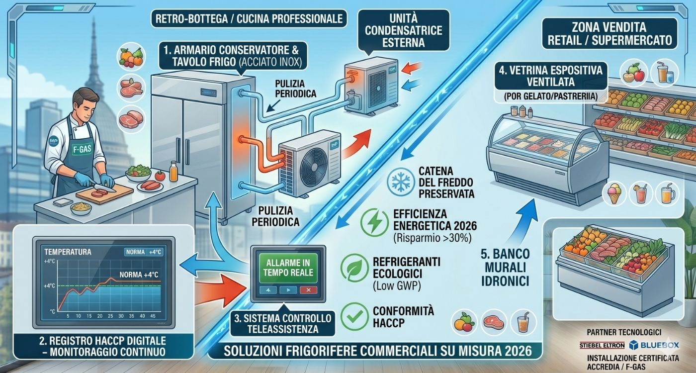 Un'infografica tecnica diagrammatica del 2026 che illustra le soluzioni refrigeranti commerciali per il settore alimentare. Il diagramma mostra un tecnico in un retro-bottega con apparecchiature in acciaio inox e unità condensatrice esterna, collegati a centraline digitali per il monitoraggio HACCP continuo e la teleassistenza. A destra sono illustrate vetrine espositive ventilate per gelato e banchi murali per il retail alimentare, con un elenco grafico dei punti chiave: conservazione dell'integrità del prodotto, conformità HACCP, efficienza energetica e transizione ecologica.