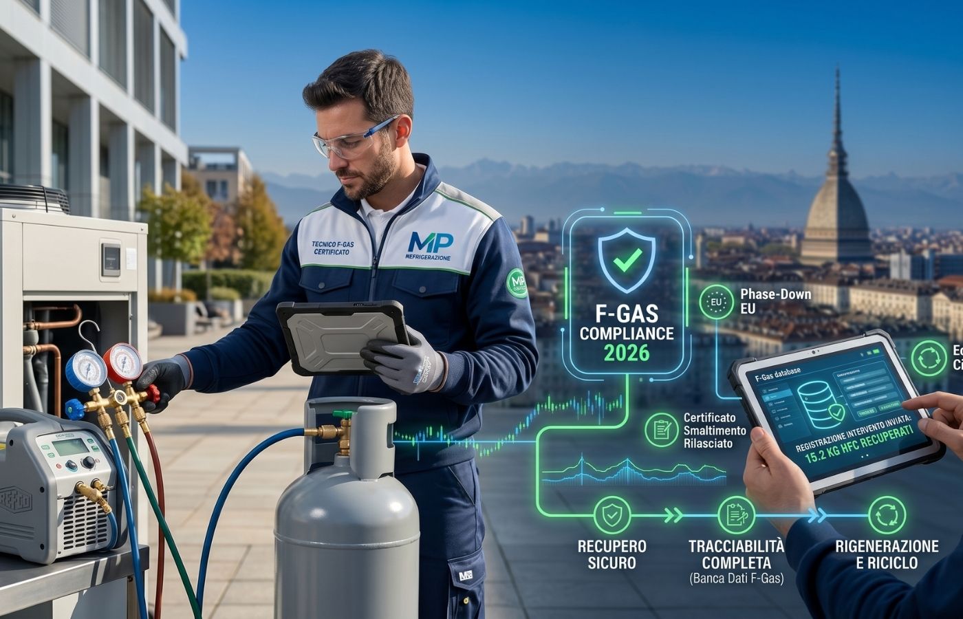 Tecnico di MP Refrigerazione esegue il recupero sicuro e lo smaltimento di gas refrigerante da un impianto industriale, registrando i dati sulla Banca Dati F-Gas con la Mole Antonelliana di Torino sullo sfondo.