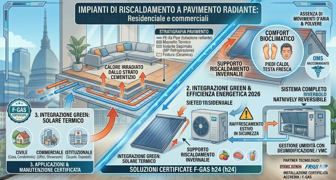 Infografica tecnica di un impianto di riscaldamento a pavimento radiante che mostra la stratigrafia del massetto con tubazioni PE-Xa, l'integrazione con pannelli solari termici e pompe di calore, e il sistema di gestione umidità VMC per il raffrescamento estivo.