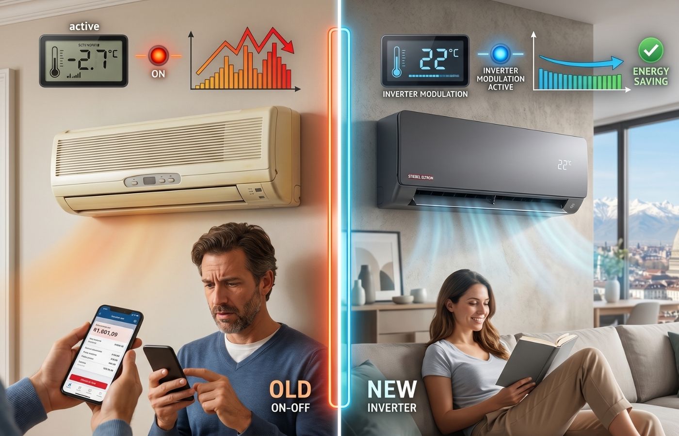 Confronto tra vecchio condizionatore on-off con consumi alti e moderno climatizzatore inverter ad alta efficienza energetica in un appartamento a Torino.